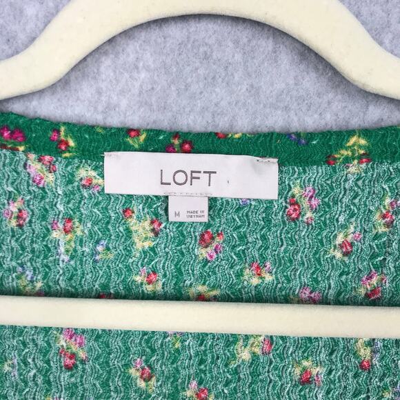 Loft Top Women Medium Green Ditsy Floral Waffle Shirt Basic Cottage Grandma Knit - Picture 4 of 9